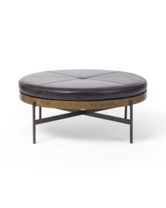 Edwyn Large Round Black Leather Ottoman by Four Hands