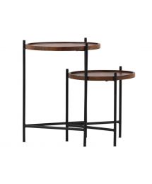 Round Natural Wood & Black Iron Nesting Tables Set